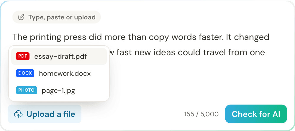 Clasa AI detector text box with an essay pasted in and an upload menu for a PDF, Word document or photo