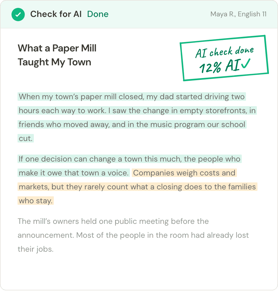 Student essay after an AI check, 12% AI, with each sentence highlighted as human-written or AI-generated