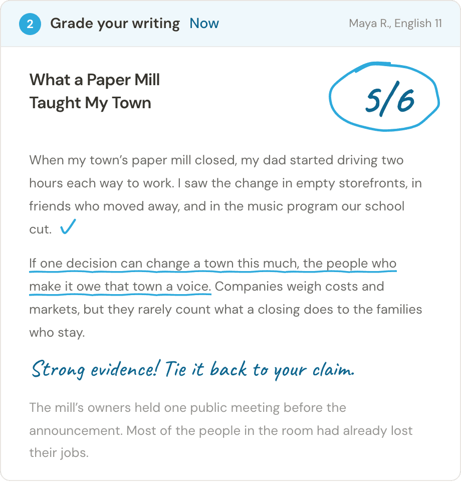 The same essay graded with a rubric: 5 out of 6, with pen marks and a teacher’s comment