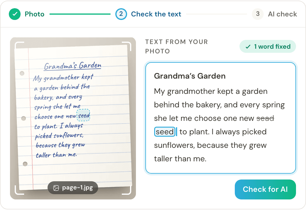 Handwritten AI detector: a photo of a handwritten essay next to the text Clasa read from it, with one misread word fixed